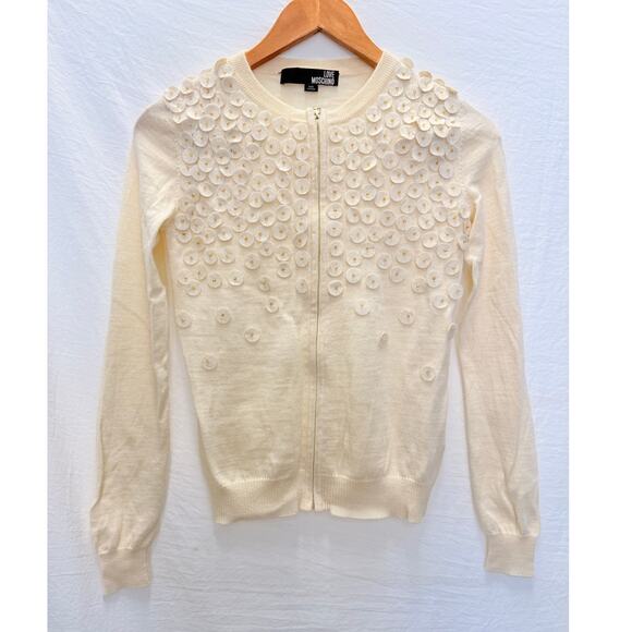 LOVE MOSCHINO | Floral‎ Embellished Cream Full Zip Cardigan US 4 - Picture 1 of 6